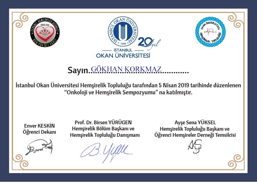 Onkoloji Sempozyumu Katılım Belgesi